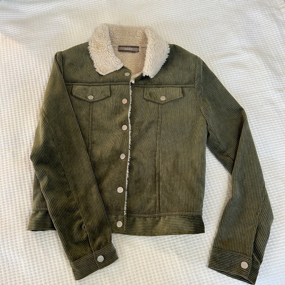 Olive green wide corduroy and faux fur interior